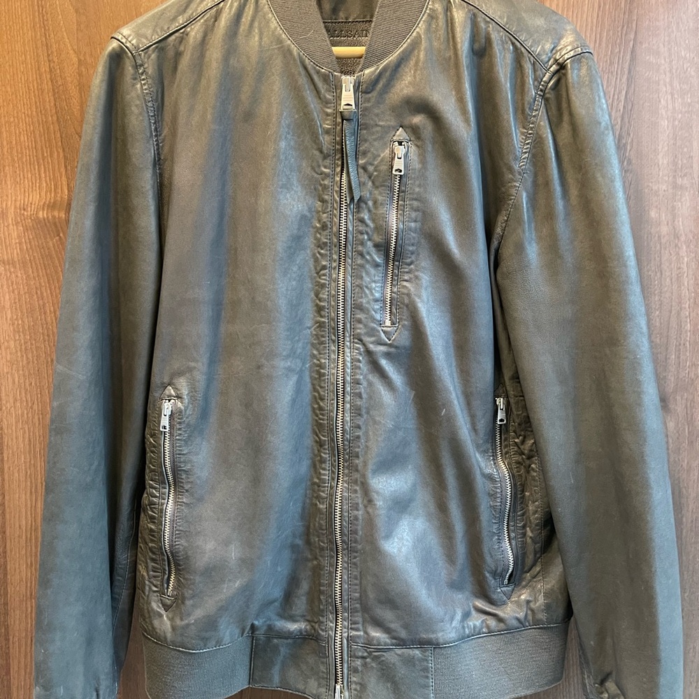 All Saints Grey Lambskin Leather ‘Kino’ Bomber Jacket